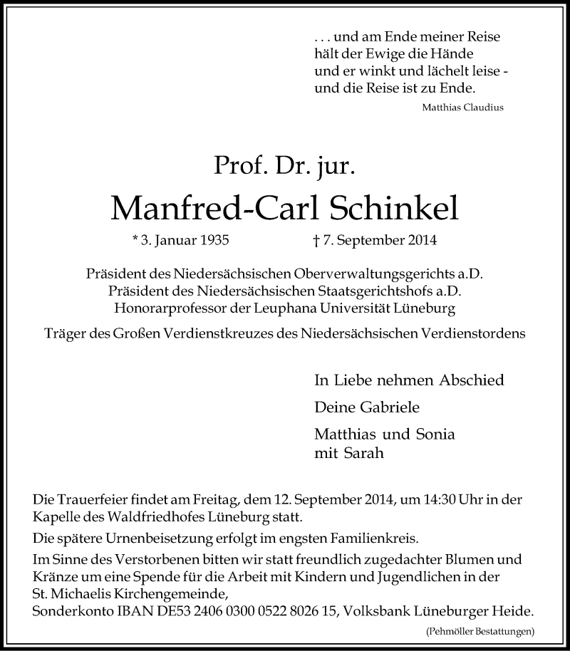  Traueranzeige für Manfred-Carl Schinkel vom 10.09.2014 aus LZ